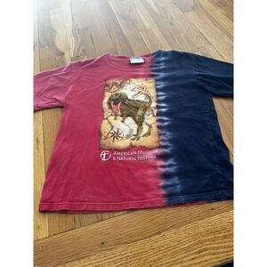 American Museum Of Natural History Red Blue Tie‎ dye Dinosaur Shirt Sz Youth L